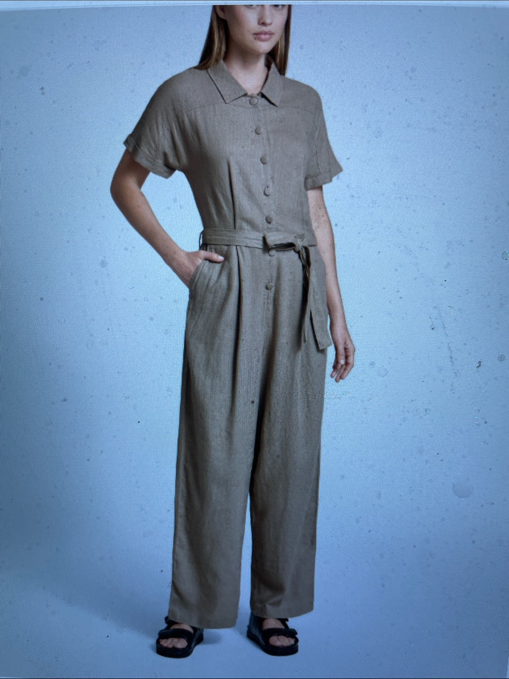Ichi linen Women’s Short Sleeve Button-Front Jumpsuit in sand/nwt - Picture 3 of 7
